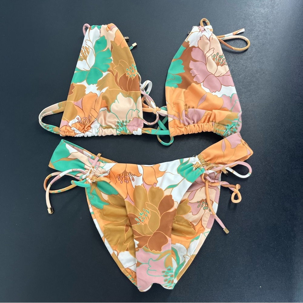 P2F Nolle Brown Floral Bikini Set in Orange and Green Size Small